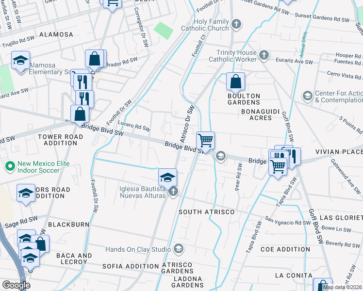 map of restaurants, bars, coffee shops, grocery stores, and more near Bridge Boulevard Southwest in Albuquerque
