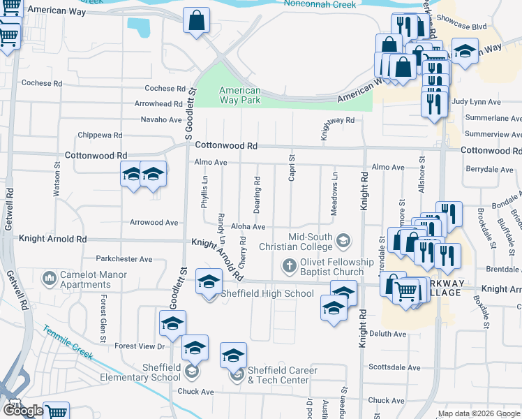 map of restaurants, bars, coffee shops, grocery stores, and more near 2999 Danville Road in Memphis