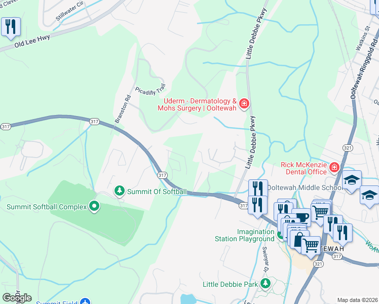 map of restaurants, bars, coffee shops, grocery stores, and more near 5057 Little Debbie Parkway in Ooltewah