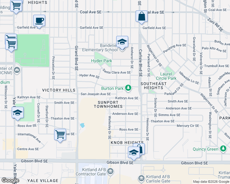 map of restaurants, bars, coffee shops, grocery stores, and more near 1111 Wellesley Drive Southeast in Albuquerque