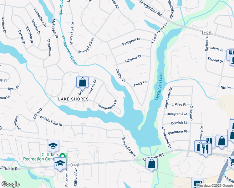 map of restaurants, bars, coffee shops, grocery stores, and more near 367 Conifer Drive in Fayetteville