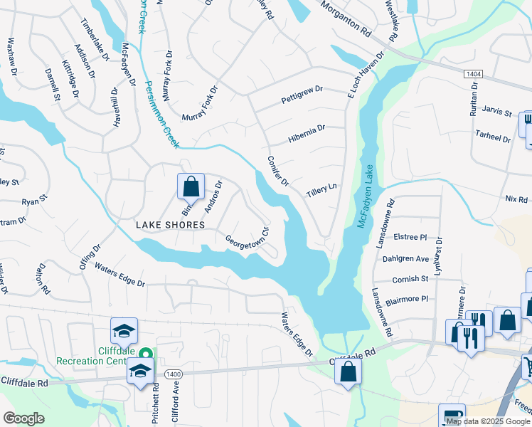 map of restaurants, bars, coffee shops, grocery stores, and more near 367 Conifer Drive in Fayetteville
