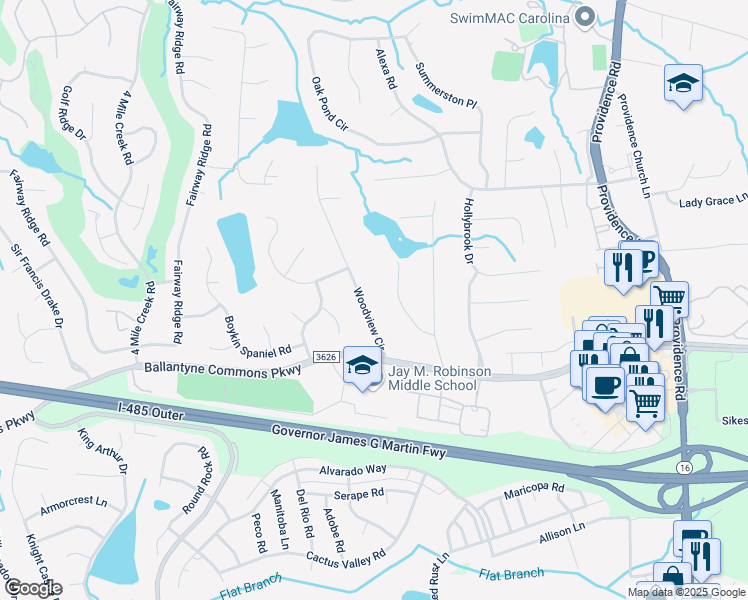 map of restaurants, bars, coffee shops, grocery stores, and more near 10319 Woodview Circle in Charlotte