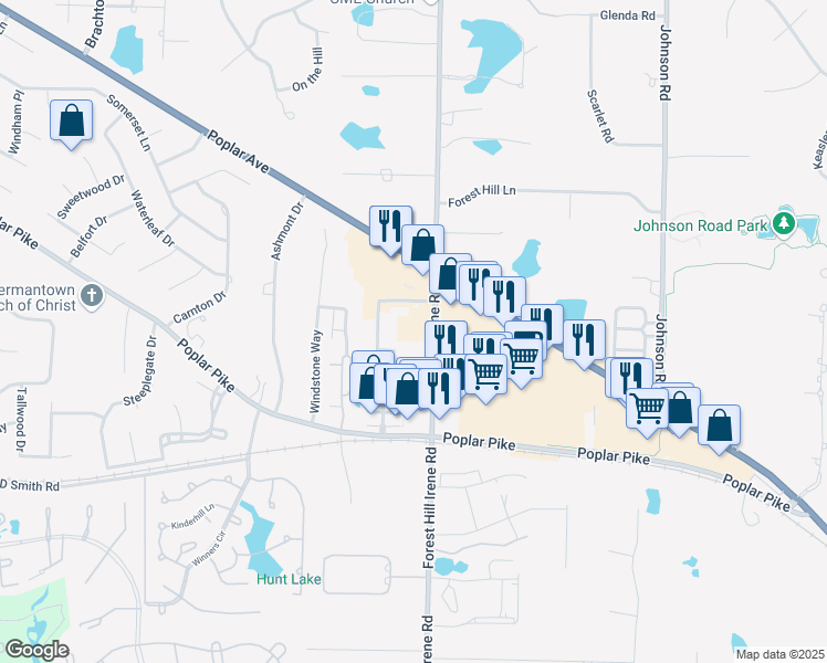 map of restaurants, bars, coffee shops, grocery stores, and more near 3031 Forest Hill Irene Road in Germantown
