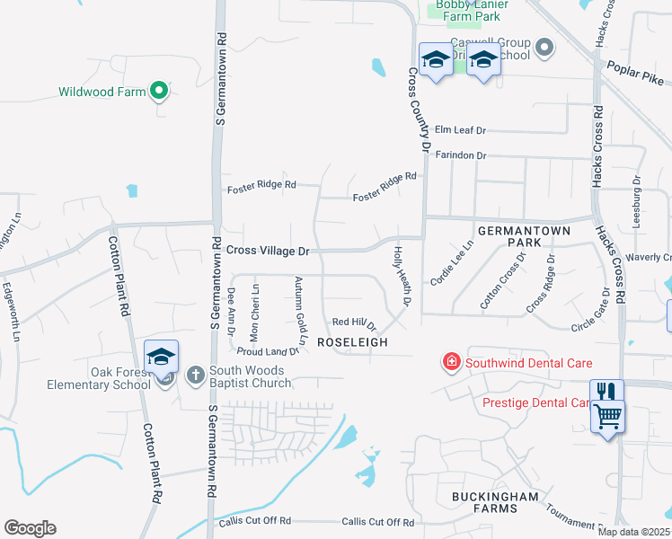 map of restaurants, bars, coffee shops, grocery stores, and more near 7693 Cross Village Drive in Germantown