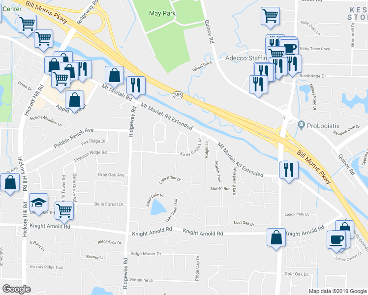 map of restaurants, bars, coffee shops, grocery stores, and more near 3000 Huntington Trail Drive in Memphis
