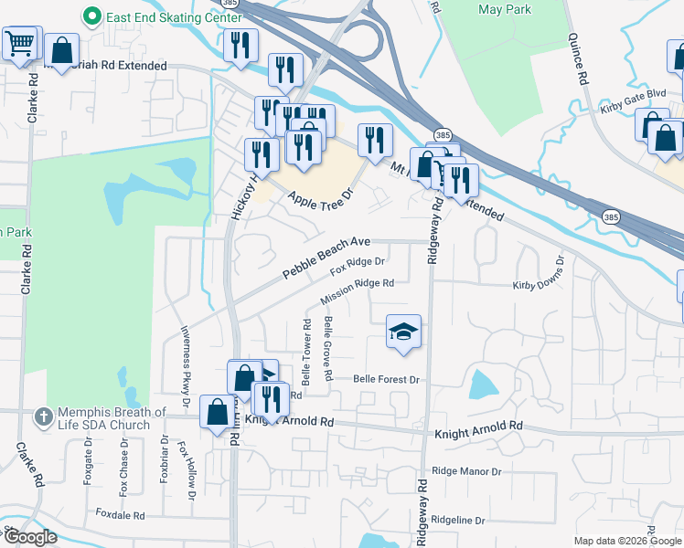 map of restaurants, bars, coffee shops, grocery stores, and more near 6086 Fox Ridge Drive in Memphis