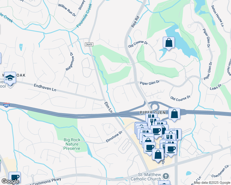 map of restaurants, bars, coffee shops, grocery stores, and more near 5503 Piper Glen Drive in Charlotte