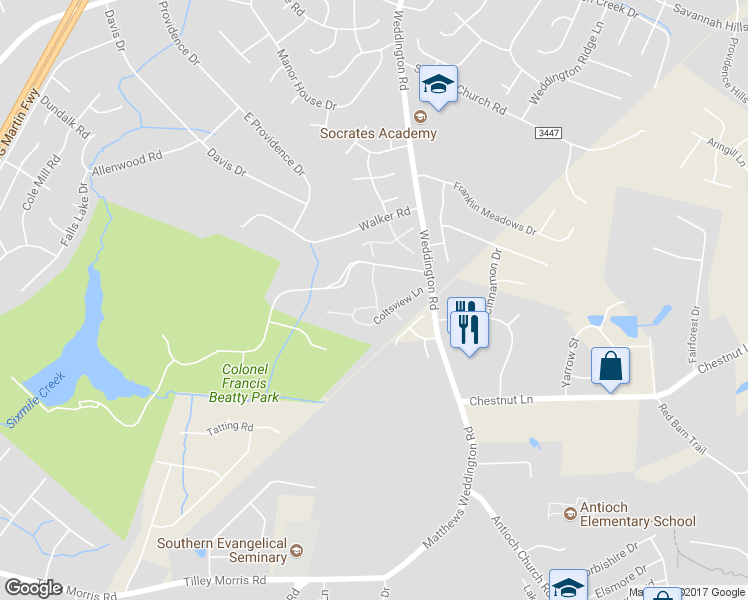 map of restaurants, bars, coffee shops, grocery stores, and more near 4504 Parkgate Drive in Matthews