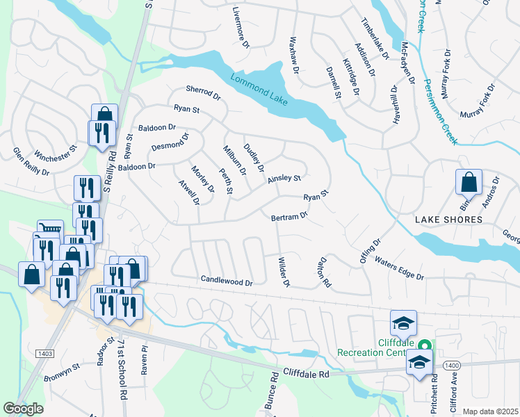 map of restaurants, bars, coffee shops, grocery stores, and more near 7328 Ryan Street in Fayetteville
