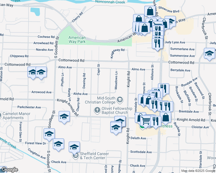 map of restaurants, bars, coffee shops, grocery stores, and more near 3027 Knightway Road in Memphis