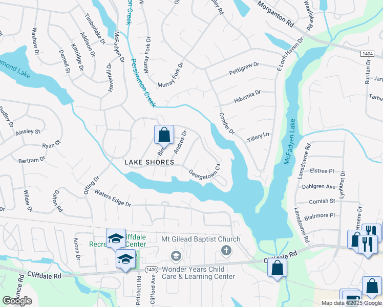map of restaurants, bars, coffee shops, grocery stores, and more near 417 Runnymede Drive in Fayetteville