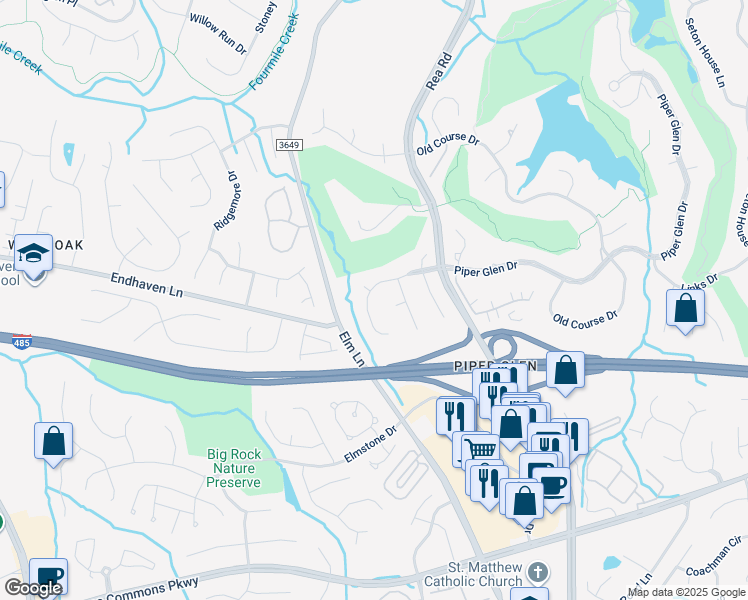 map of restaurants, bars, coffee shops, grocery stores, and more near 5503 Piper Glen Drive in Charlotte