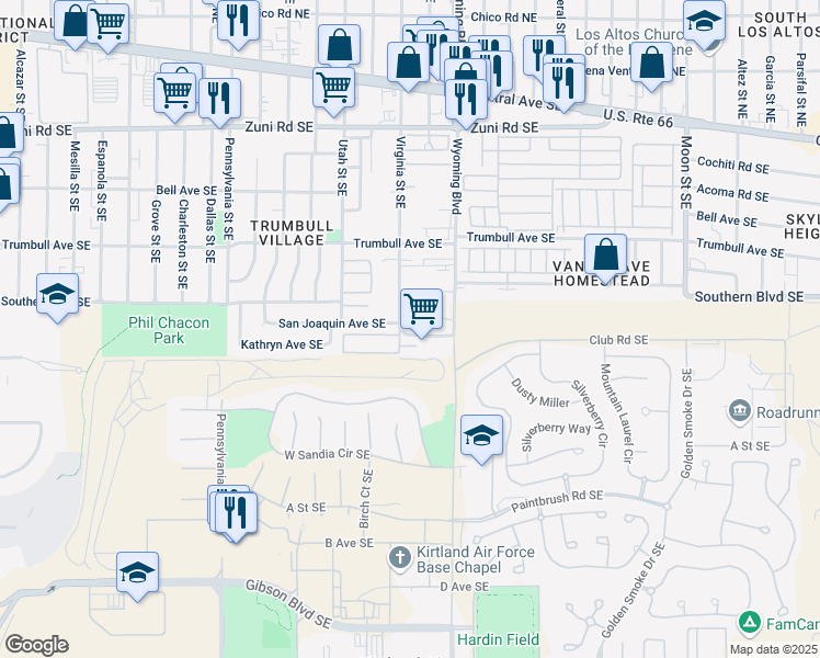 map of restaurants, bars, coffee shops, grocery stores, and more near 8501 San Joaquin Avenue Southeast in Albuquerque