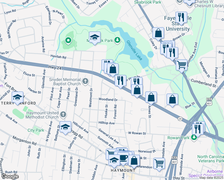map of restaurants, bars, coffee shops, grocery stores, and more near 719 Kooler Circle in Fayetteville