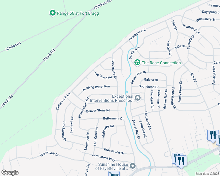 map of restaurants, bars, coffee shops, grocery stores, and more near 6733 Weeping Water Run in Fayetteville