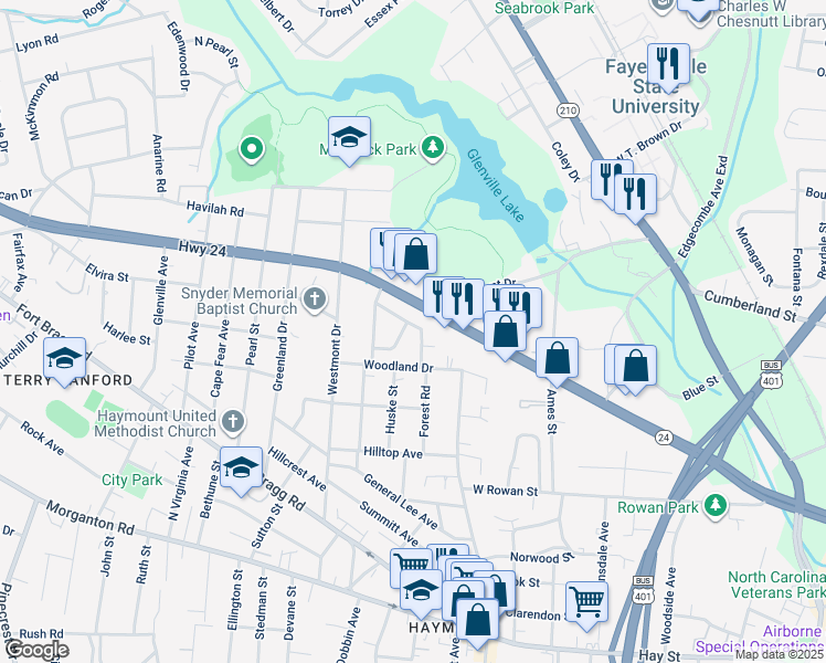 map of restaurants, bars, coffee shops, grocery stores, and more near 719 Kooler Circle in Fayetteville