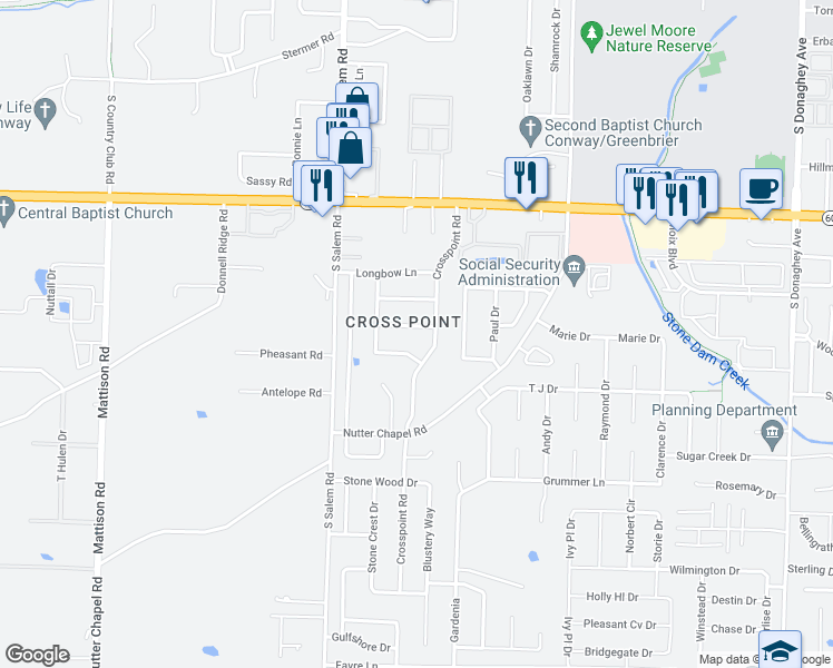 map of restaurants, bars, coffee shops, grocery stores, and more near 2725 Archer Lane in Conway