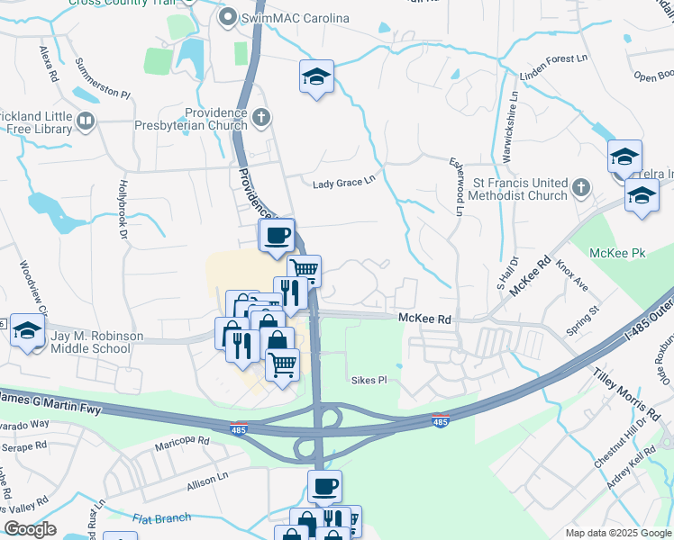 map of restaurants, bars, coffee shops, grocery stores, and more near Alexander Valley Drive in Charlotte