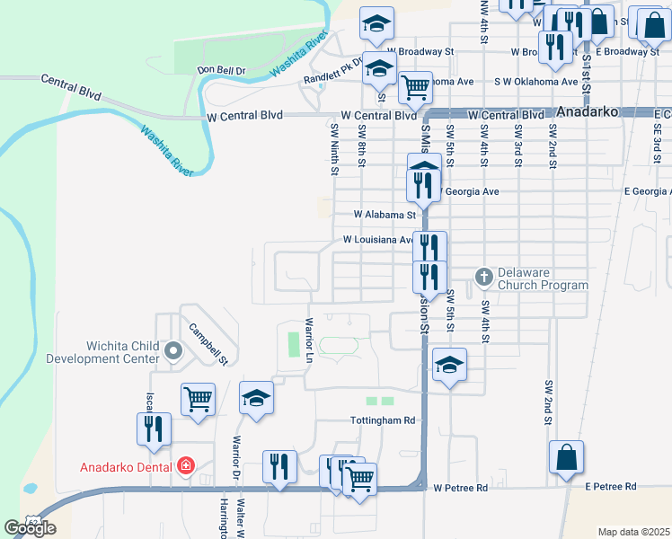 map of restaurants, bars, coffee shops, grocery stores, and more near 816 West Louisiana Avenue in Anadarko