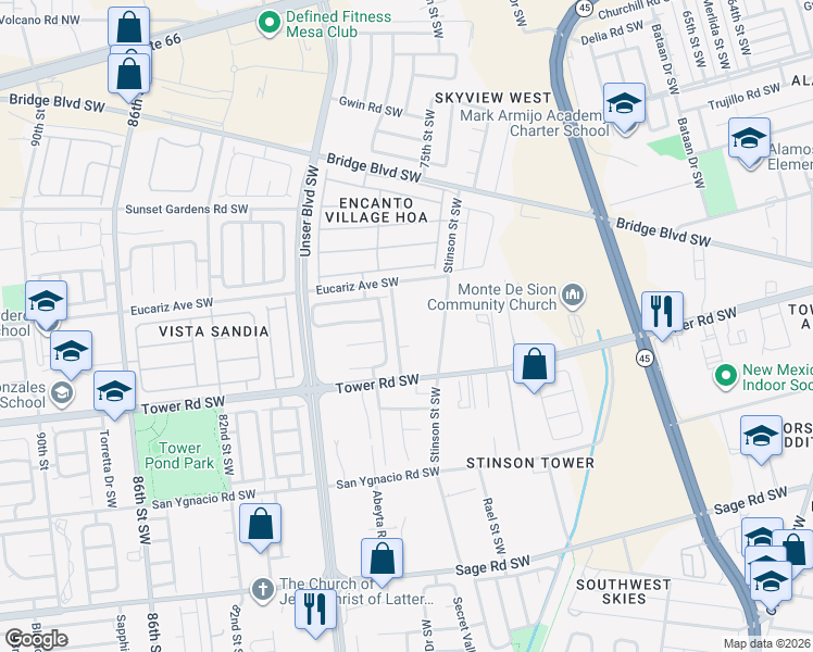 map of restaurants, bars, coffee shops, grocery stores, and more near 1038 75th Street Southwest in Albuquerque