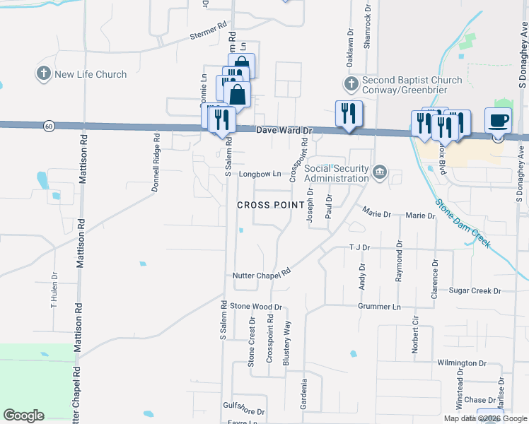map of restaurants, bars, coffee shops, grocery stores, and more near 970 Knights Drive in Conway