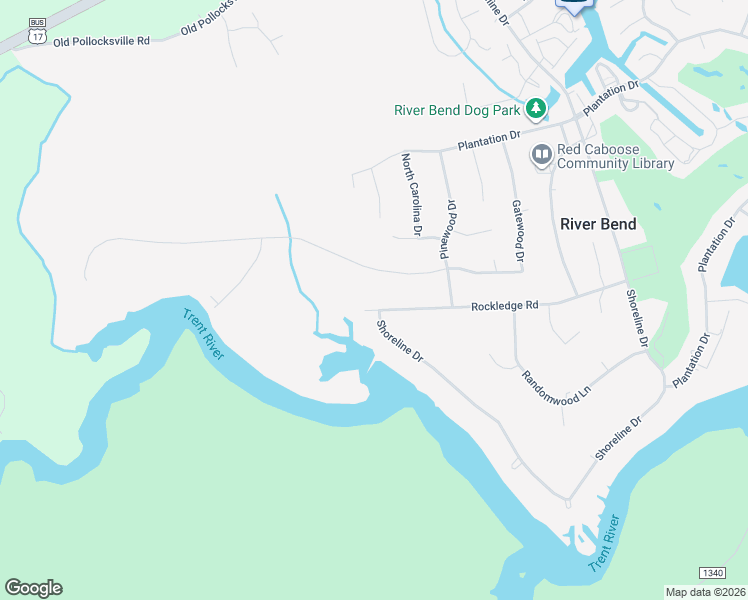 map of restaurants, bars, coffee shops, grocery stores, and more near 318 Gatewood Drive in New Bern