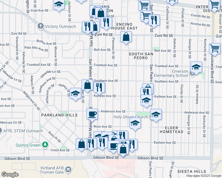 map of restaurants, bars, coffee shops, grocery stores, and more near 910 Madeira Drive Southeast in Albuquerque