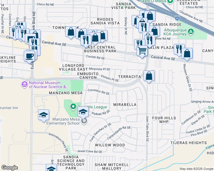 map of restaurants, bars, coffee shops, grocery stores, and more near 11300 Vistazo Place Southeast in Albuquerque