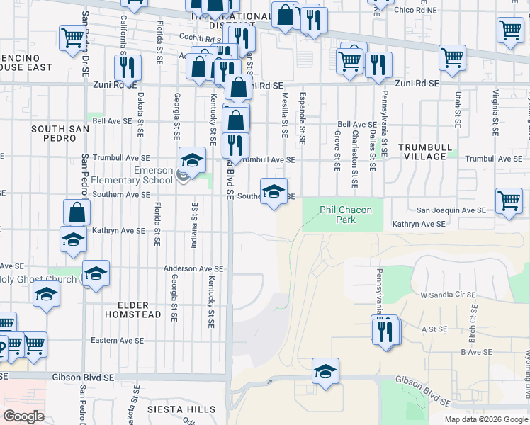 map of restaurants, bars, coffee shops, grocery stores, and more near 7411 Southern Avenue Southeast in Albuquerque