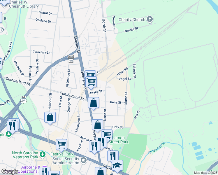map of restaurants, bars, coffee shops, grocery stores, and more near 125 Drake Street in Fayetteville
