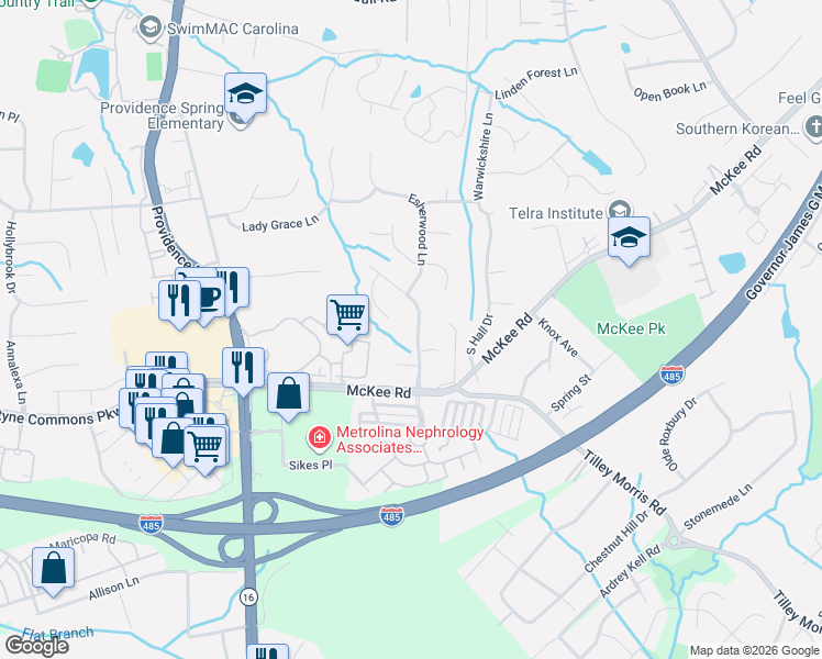 map of restaurants, bars, coffee shops, grocery stores, and more near 10519 Providence Arbours Drive in Charlotte