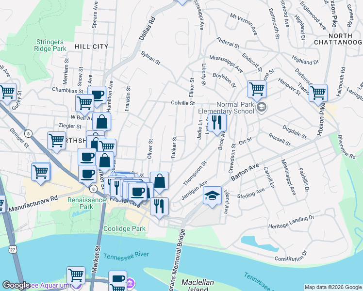 map of restaurants, bars, coffee shops, grocery stores, and more near 517 Colby Street in Chattanooga