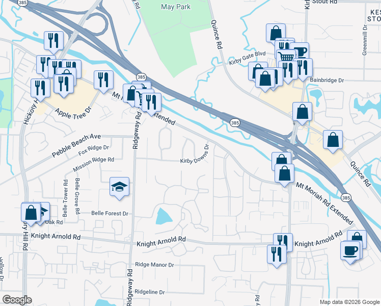 map of restaurants, bars, coffee shops, grocery stores, and more near 3000 Huntington Trail Drive in Memphis