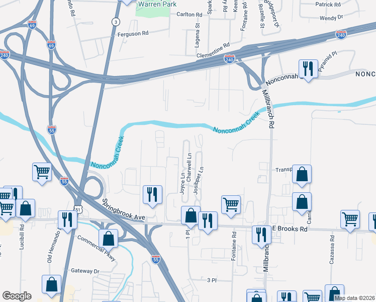 map of restaurants, bars, coffee shops, grocery stores, and more near 2997 Juca Cove in Memphis