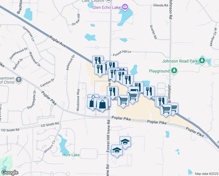 map of restaurants, bars, coffee shops, grocery stores, and more near 3031 Forest Hill Irene Road in Germantown