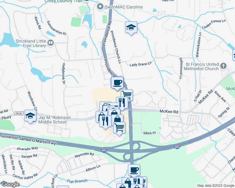 map of restaurants, bars, coffee shops, grocery stores, and more near 10616 Providence Road in Charlotte