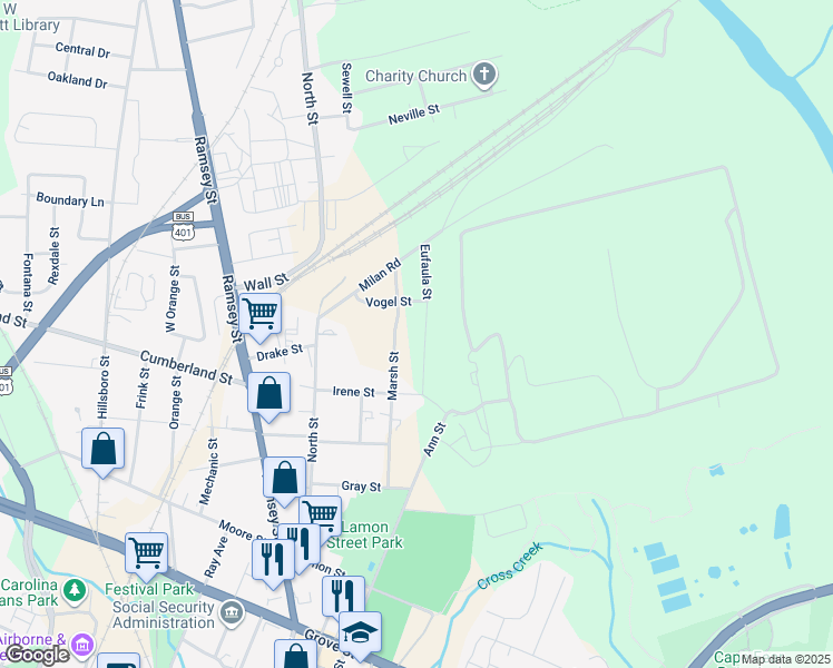 map of restaurants, bars, coffee shops, grocery stores, and more near 751 Eufaula Street in Fayetteville
