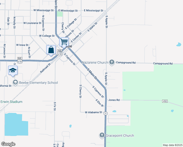 map of restaurants, bars, coffee shops, grocery stores, and more near 410 South Main Street in Beebe