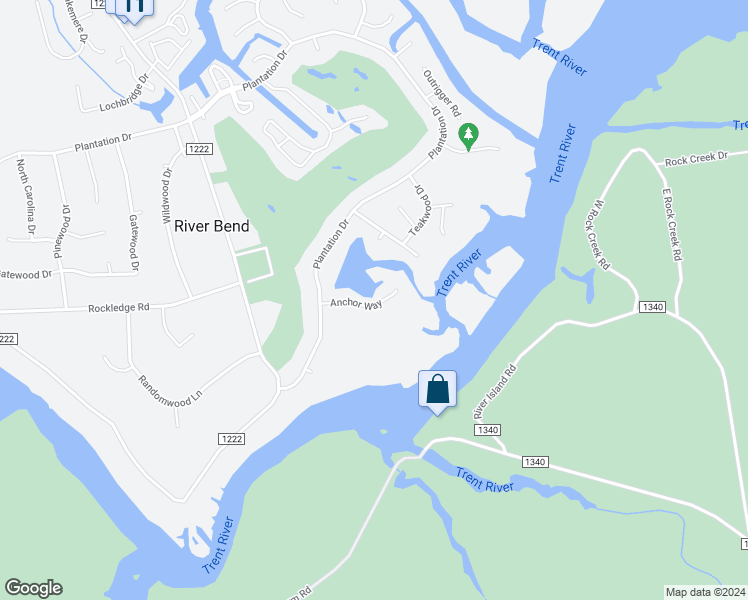 map of restaurants, bars, coffee shops, grocery stores, and more near 111 Anchor Way in New Bern