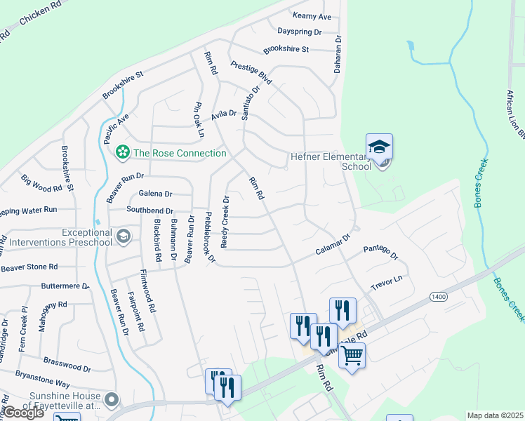 map of restaurants, bars, coffee shops, grocery stores, and more near 919 Bramblewood Court in Fayetteville
