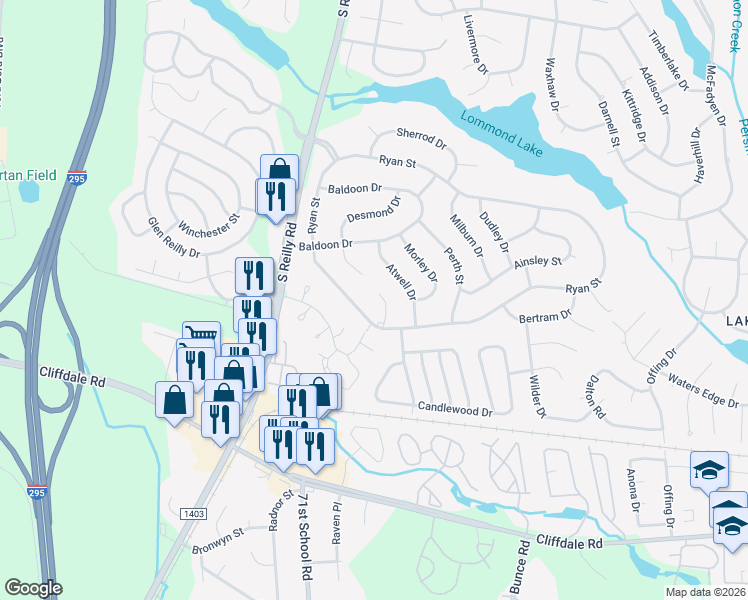 map of restaurants, bars, coffee shops, grocery stores, and more near 421 Desmond Drive in Fayetteville