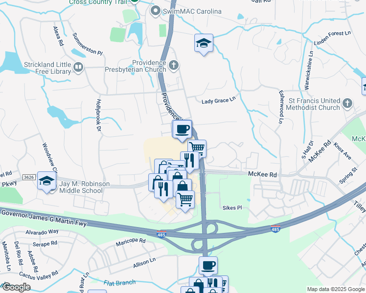 map of restaurants, bars, coffee shops, grocery stores, and more near 10616 Providence Road in Charlotte