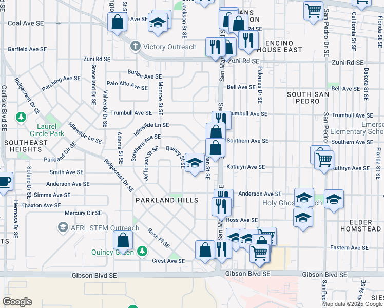 map of restaurants, bars, coffee shops, grocery stores, and more near 4857 Southern Avenue Southeast in Albuquerque