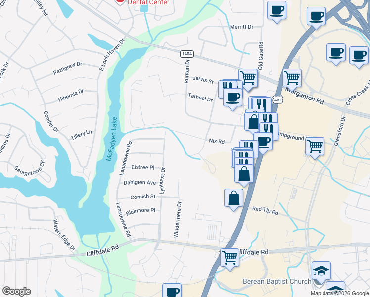 map of restaurants, bars, coffee shops, grocery stores, and more near 4795-5007 Nix Road in Fayetteville