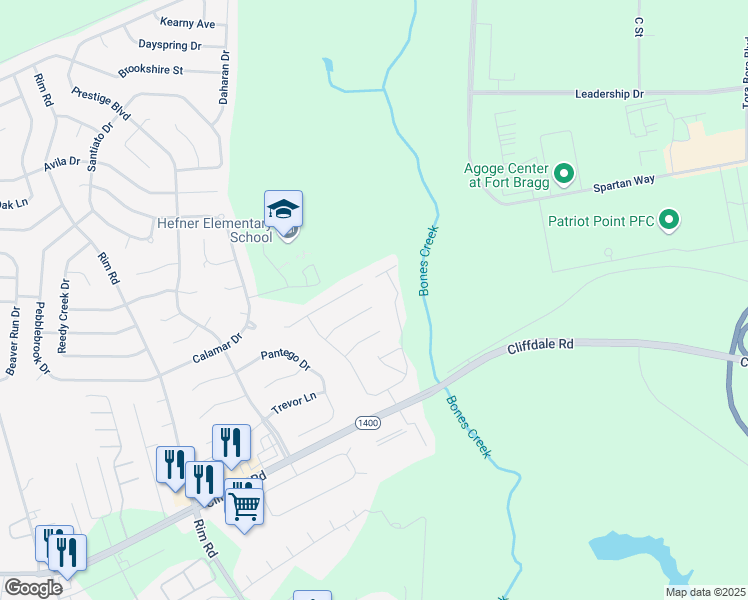 map of restaurants, bars, coffee shops, grocery stores, and more near 6900 Twin Creek Court in Fayetteville