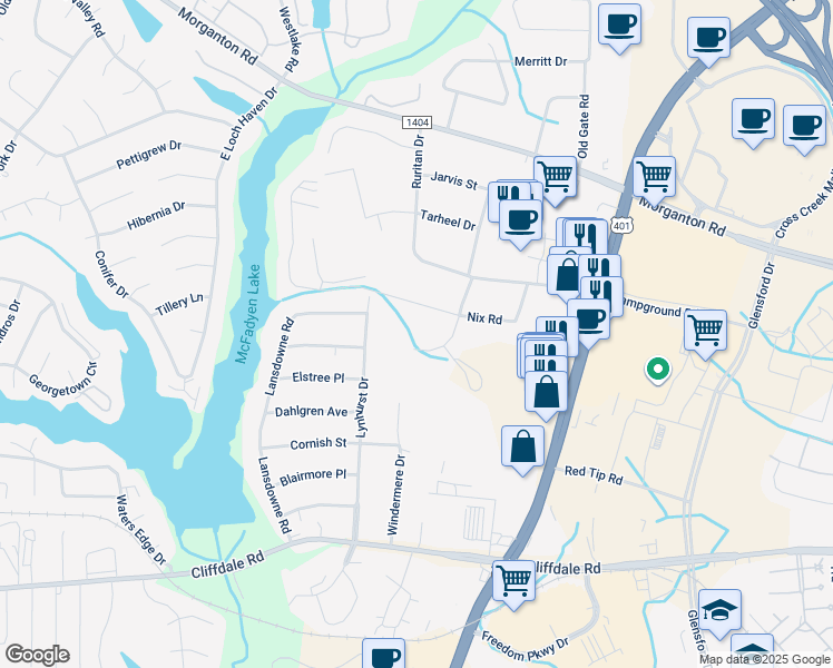 map of restaurants, bars, coffee shops, grocery stores, and more near 225 Woodglen Drive in Fayetteville