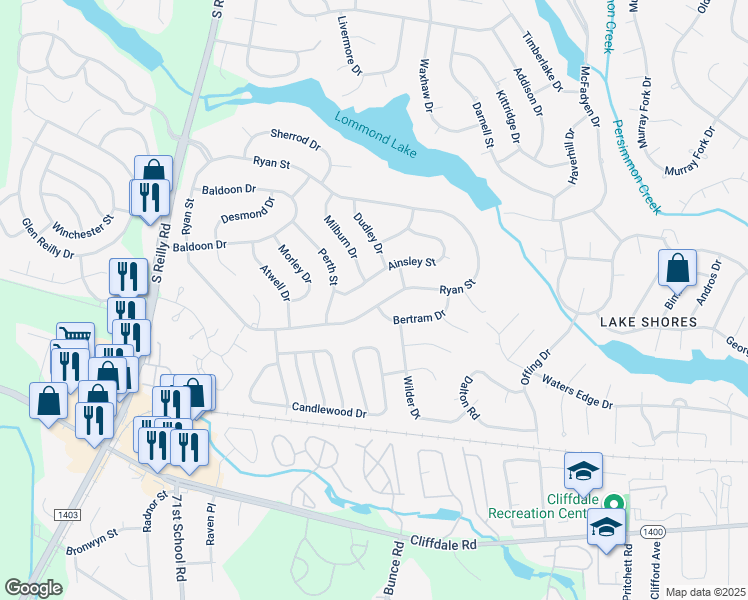 map of restaurants, bars, coffee shops, grocery stores, and more near 7328 Ryan Street in Fayetteville
