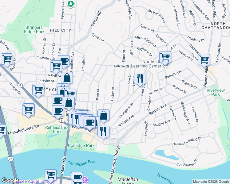 map of restaurants, bars, coffee shops, grocery stores, and more near 517 Colby Street in Chattanooga