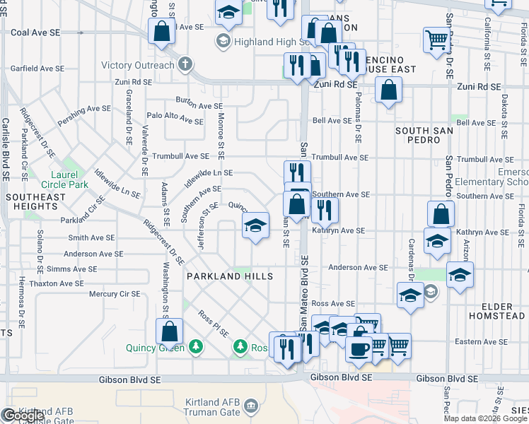 map of restaurants, bars, coffee shops, grocery stores, and more near 4857 Southern Avenue Southeast in Albuquerque